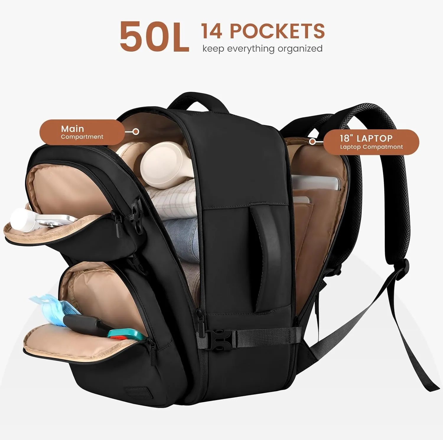 LOVEVOOK Travel Backpack for Women Men, TSA Carry on Backpack Flight Approved 50L Fits 18 Inch Laptop, Waterproof Personal Item Travel Bag Business Weekender Daypack with Detachable Crossbody Bag