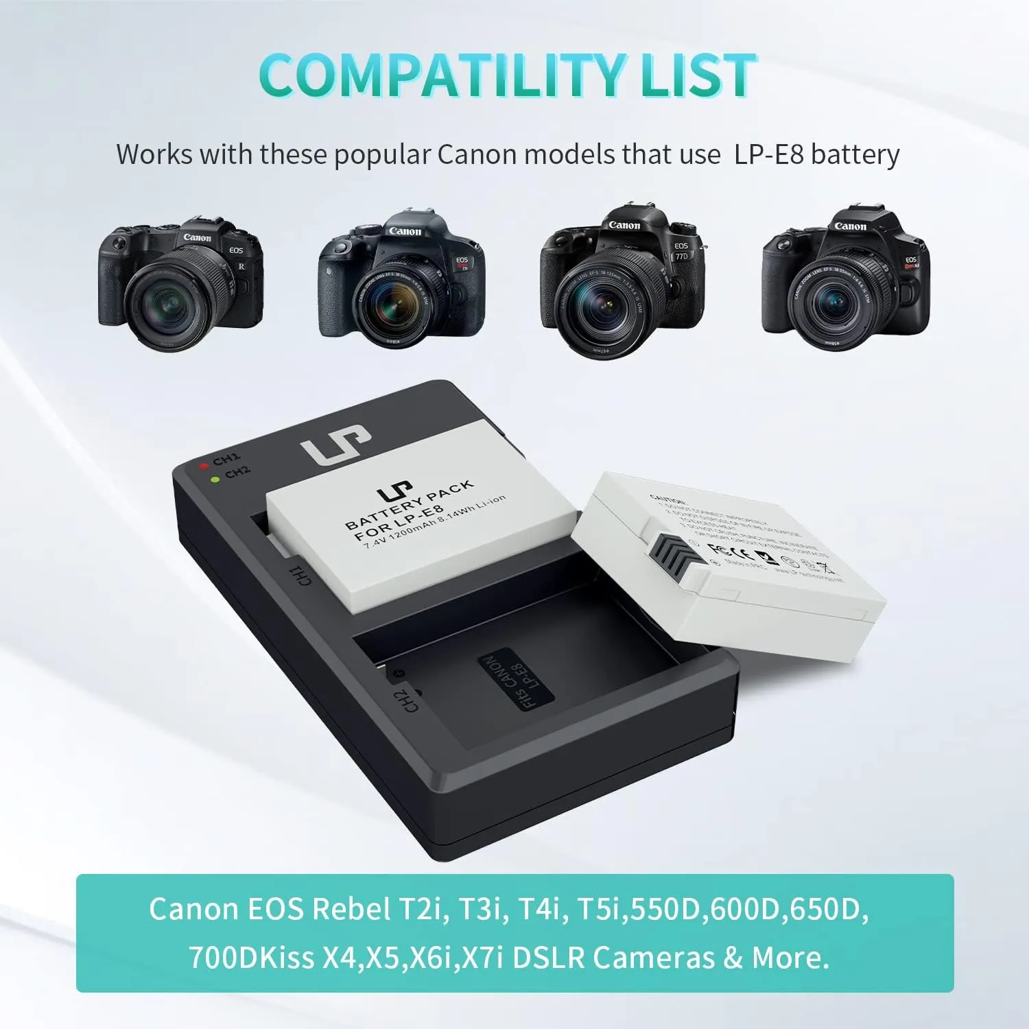 LP LP-E8 Battery Charger Pack, 2-Pack Battery & Dual Slot Charger, Compatible with Canon EOS Rebel T2i, T3i, T4i, T5i, 550D, 600D, 650D, 700D, Kiss X4, X5, X6i, X7i Cameras &More(Not for T2 T3 T4 T5)