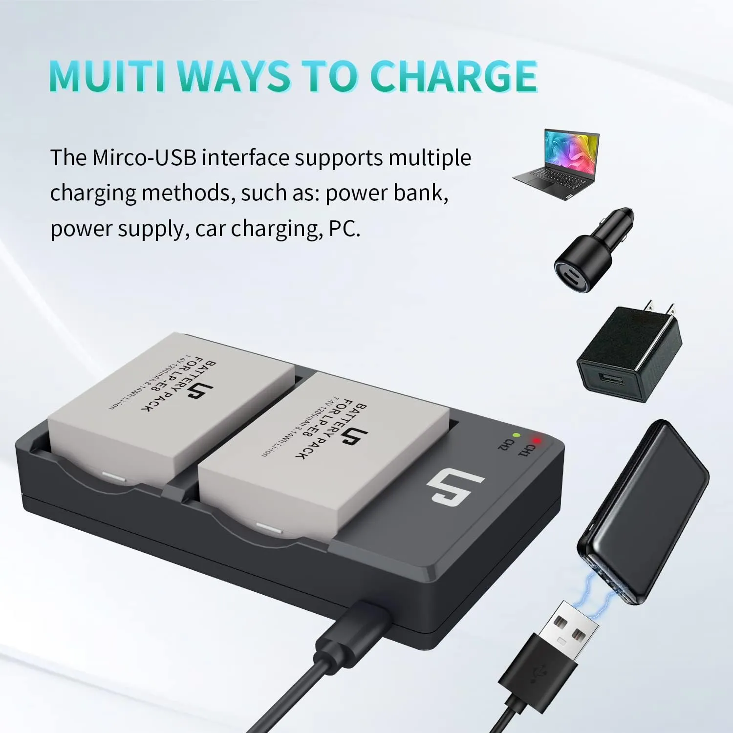LP LP-E8 Battery Charger Pack, 2-Pack Battery & Dual Slot Charger, Compatible with Canon EOS Rebel T2i, T3i, T4i, T5i, 550D, 600D, 650D, 700D, Kiss X4, X5, X6i, X7i Cameras &More(Not for T2 T3 T4 T5)