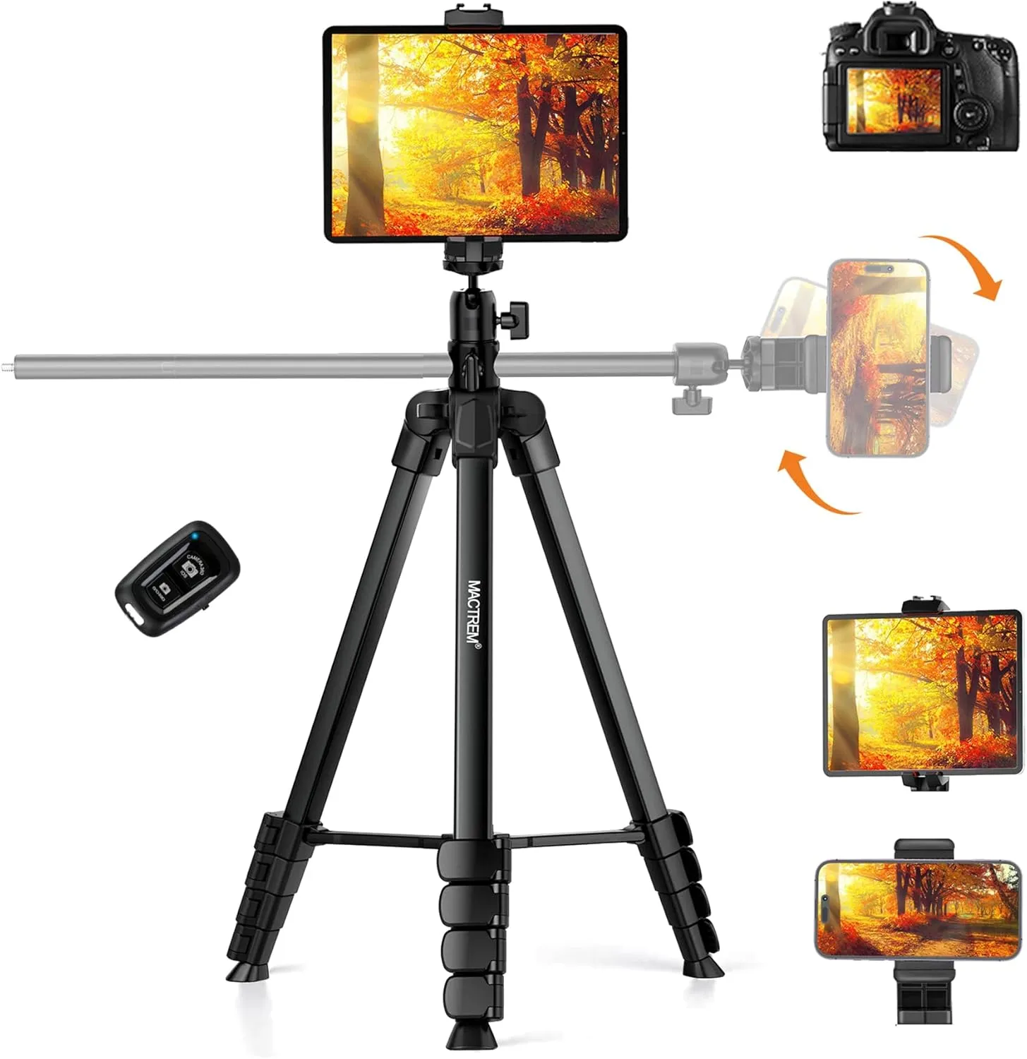 MACTREM Phone Tripod with Selfie Stick, 70" Horizontal Overhead Tripod for iPhone iPad, Camera Tripod Stand with Wireless Remote for Video Recording/Selfies/Live Stream/Vlogging