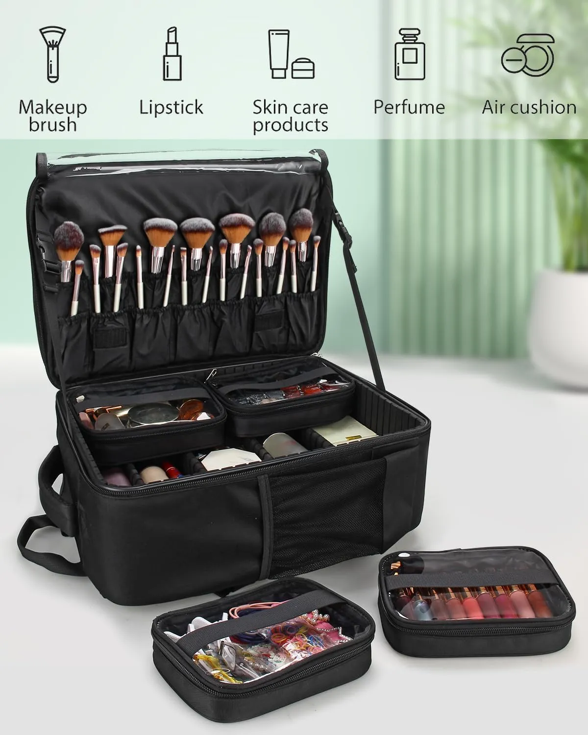 Makeup Backpack Makeup Artist Bag Professional Extra Large Cosmetic Bag Travel Train Case Storage Organizer Double-Layer Large Capacity Cosmetic Case with 4 Pouch(Black)