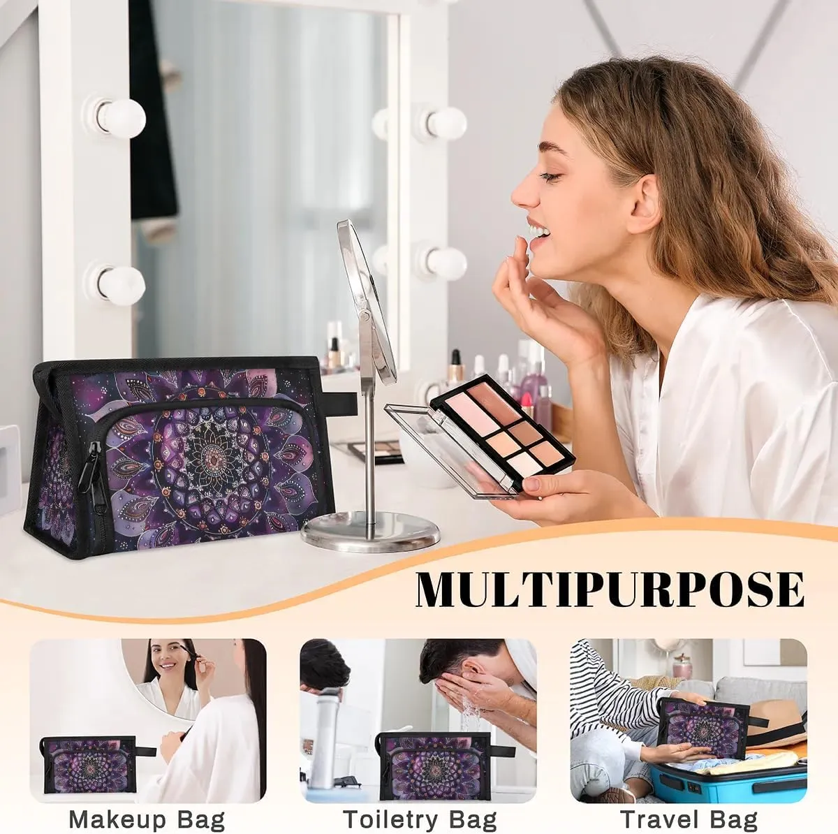 Makeup Bag for Women Ethnic Mandala Purple Flower Cosmetic Bags Travel Toiletry Bag with Compartments and Handle Waterproof Portable Make Up Case Zipper Pouch Cosmetic Organizer for Travel Accessories