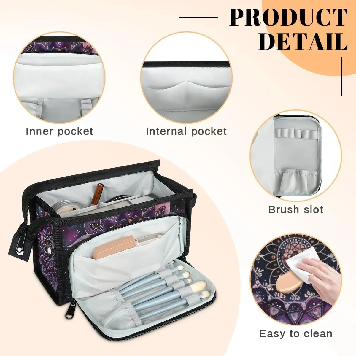 Makeup Bag for Women Ethnic Mandala Purple Flower Cosmetic Bags Travel Toiletry Bag with Compartments and Handle Waterproof Portable Make Up Case Zipper Pouch Cosmetic Organizer for Travel Accessories