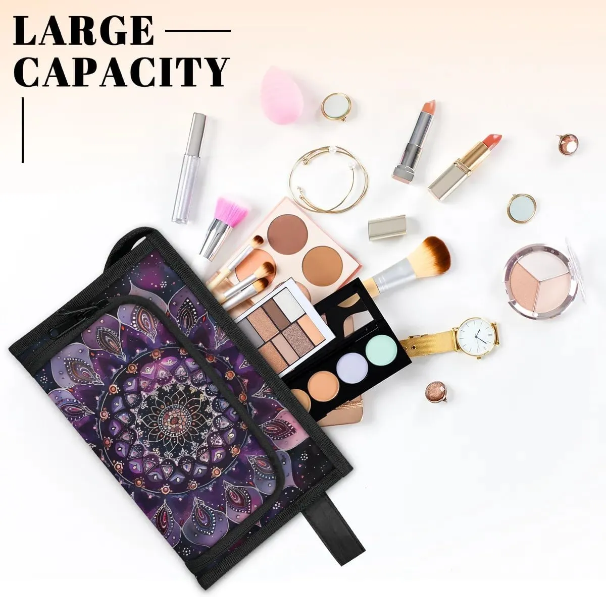 Makeup Bag for Women Ethnic Mandala Purple Flower Cosmetic Bags Travel Toiletry Bag with Compartments and Handle Waterproof Portable Make Up Case Zipper Pouch Cosmetic Organizer for Travel Accessories