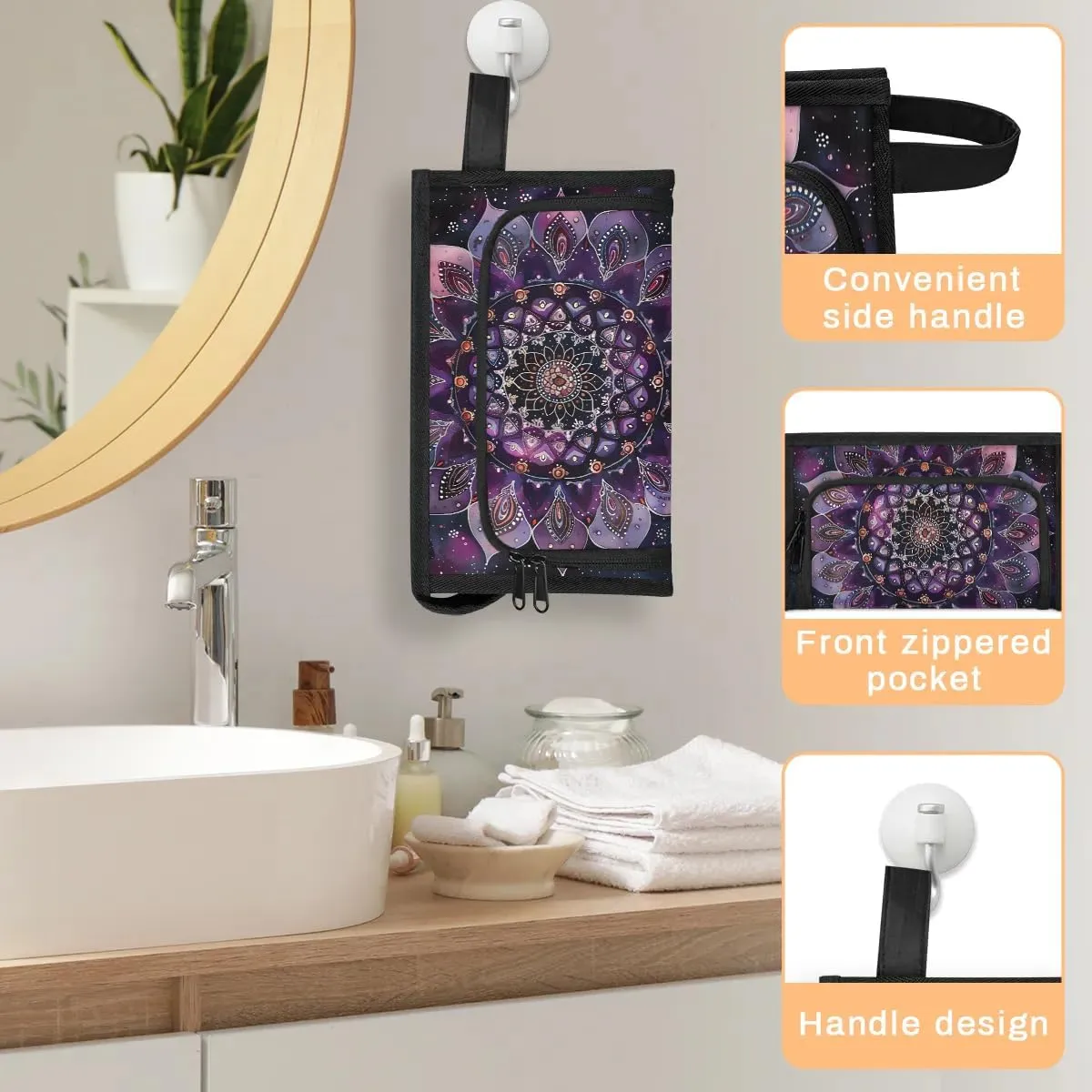 Makeup Bag for Women Ethnic Mandala Purple Flower Cosmetic Bags Travel Toiletry Bag with Compartments and Handle Waterproof Portable Make Up Case Zipper Pouch Cosmetic Organizer for Travel Accessories