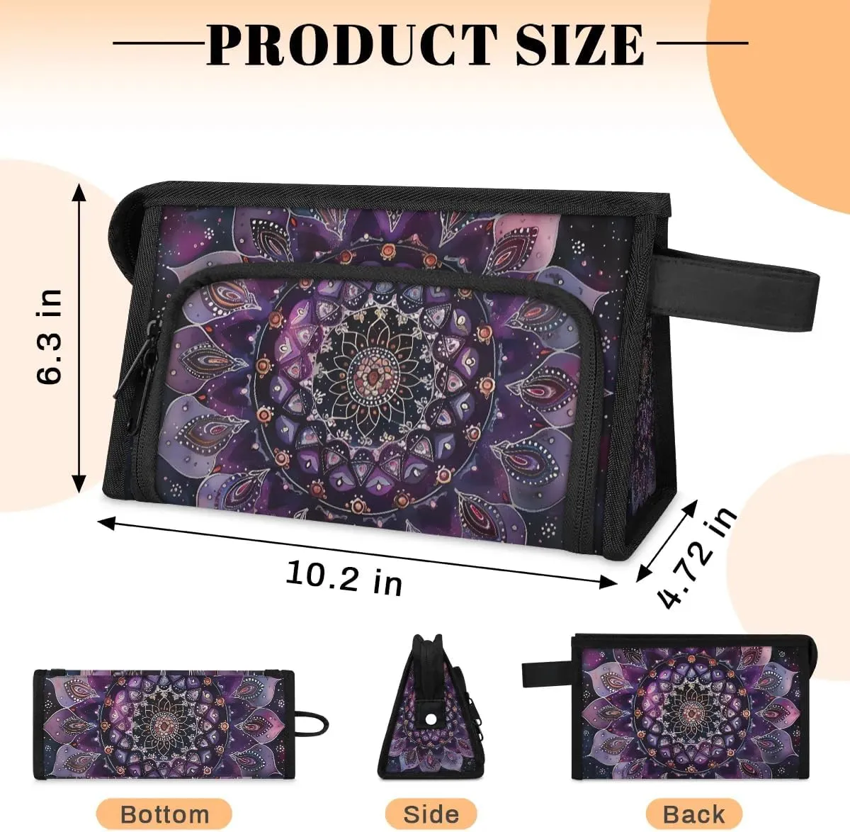 Makeup Bag for Women Ethnic Mandala Purple Flower Cosmetic Bags Travel Toiletry Bag with Compartments and Handle Waterproof Portable Make Up Case Zipper Pouch Cosmetic Organizer for Travel Accessories