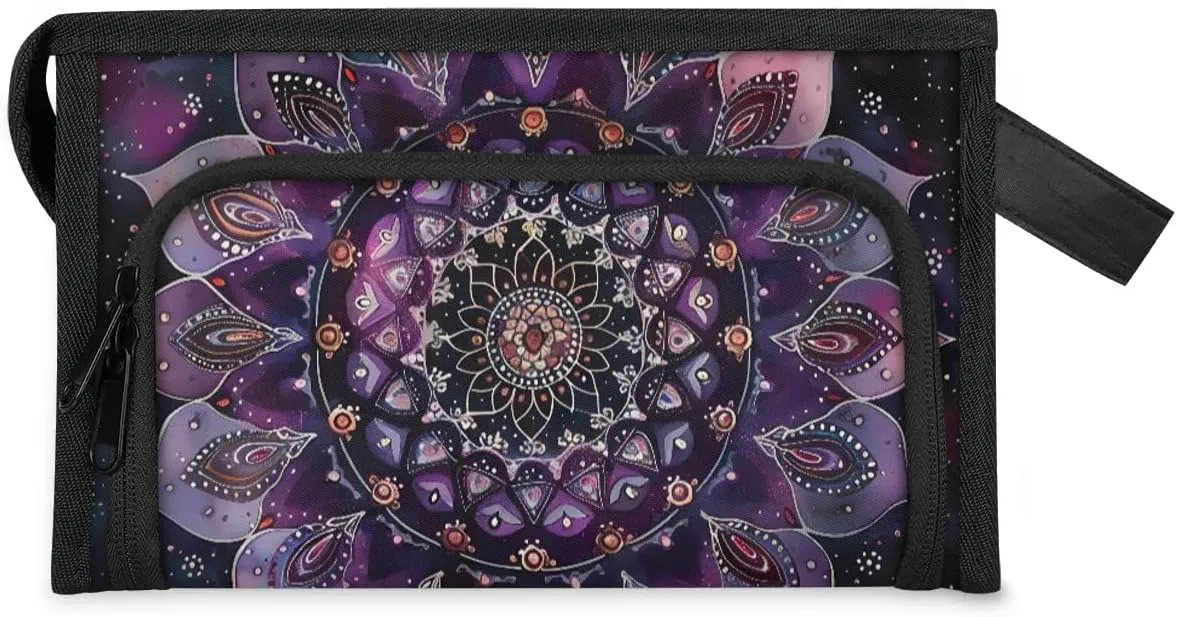 Makeup Bag for Women Ethnic Mandala Purple Flower Cosmetic Bags Travel Toiletry Bag with Compartments and Handle Waterproof Portable Make Up Case Zipper Pouch Cosmetic Organizer for Travel Accessories