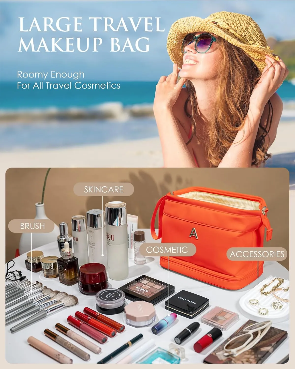 Makeup Bag for Women, Personalized Double Layer Cosmetic Bag with Makeup Brush Organizer, Waterproof, Large Capacity PU Leather Travel Toiletry Bag Gift Gift for Mom，Personalized Gifts