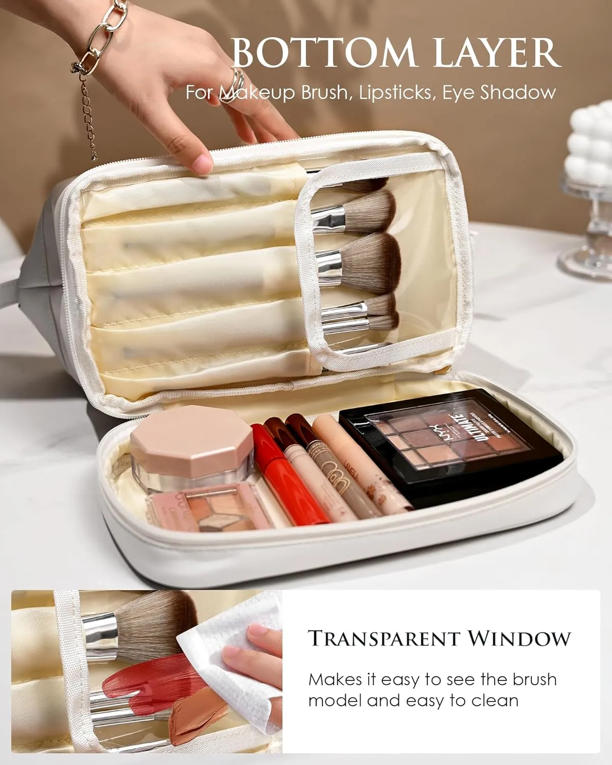 Makeup Bag for Women, Personalized Double Layer Cosmetic Bag with Makeup Brush Organizer, Waterproof, Large Capacity PU Leather Travel Toiletry Bag Gift Gift for Mom，Personalized Gifts