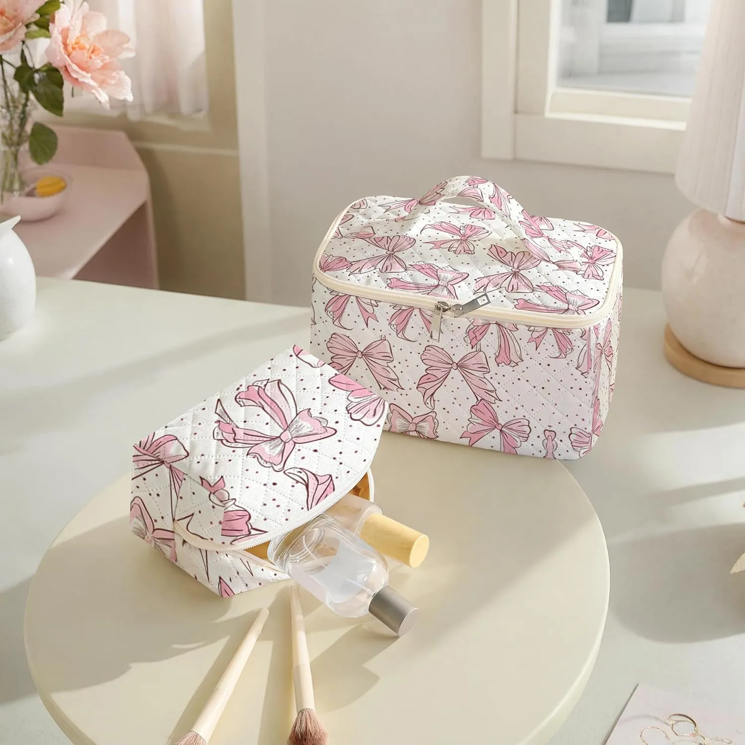 Makeup Bag For Women,Travel Toiletry Organizer,Cute Quilted Cotton Cosmetic Pouch,Portable Make Up Bags For Friendship Gift 2Pack