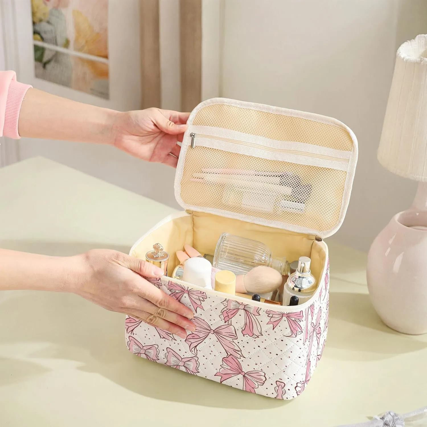 Makeup Bag For Women,Travel Toiletry Organizer,Cute Quilted Cotton Cosmetic Pouch,Portable Make Up Bags For Friendship Gift 2Pack
