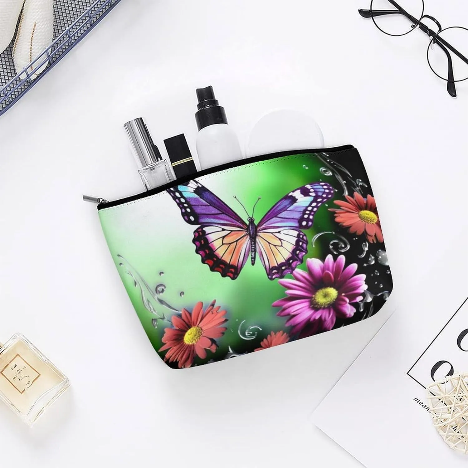 Makeup Bag Travel Cosmetic Bag Portable Flower And Butterfly Toiletry Bag Large Capacity Zipper Pouch Makeup Organizer Case Waterproof Toiletry Pouch for Women Men