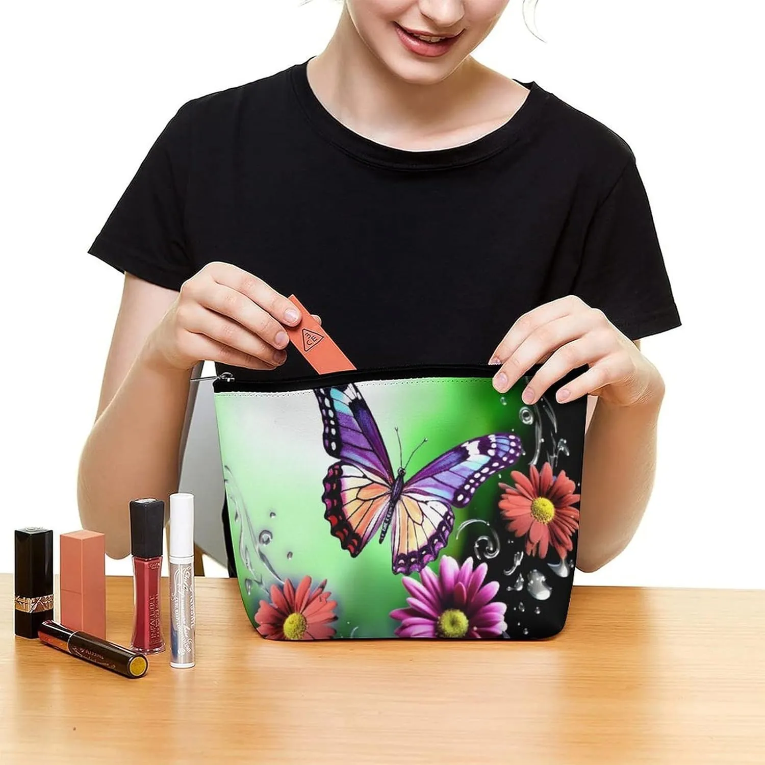 Makeup Bag Travel Cosmetic Bag Portable Flower And Butterfly Toiletry Bag Large Capacity Zipper Pouch Makeup Organizer Case Waterproof Toiletry Pouch for Women Men