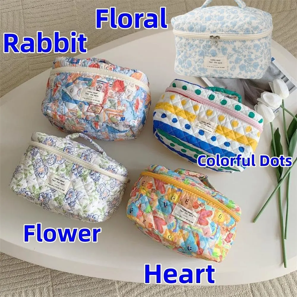 Makeup Bag Travel Essentials Quilted Cosmetic Toiletry Pouch Organizer Insert for Women Dorm Room Essential Gift Large Capacity Opening Lightweight Cute Aesthetic Portable 2PCS (Heart)