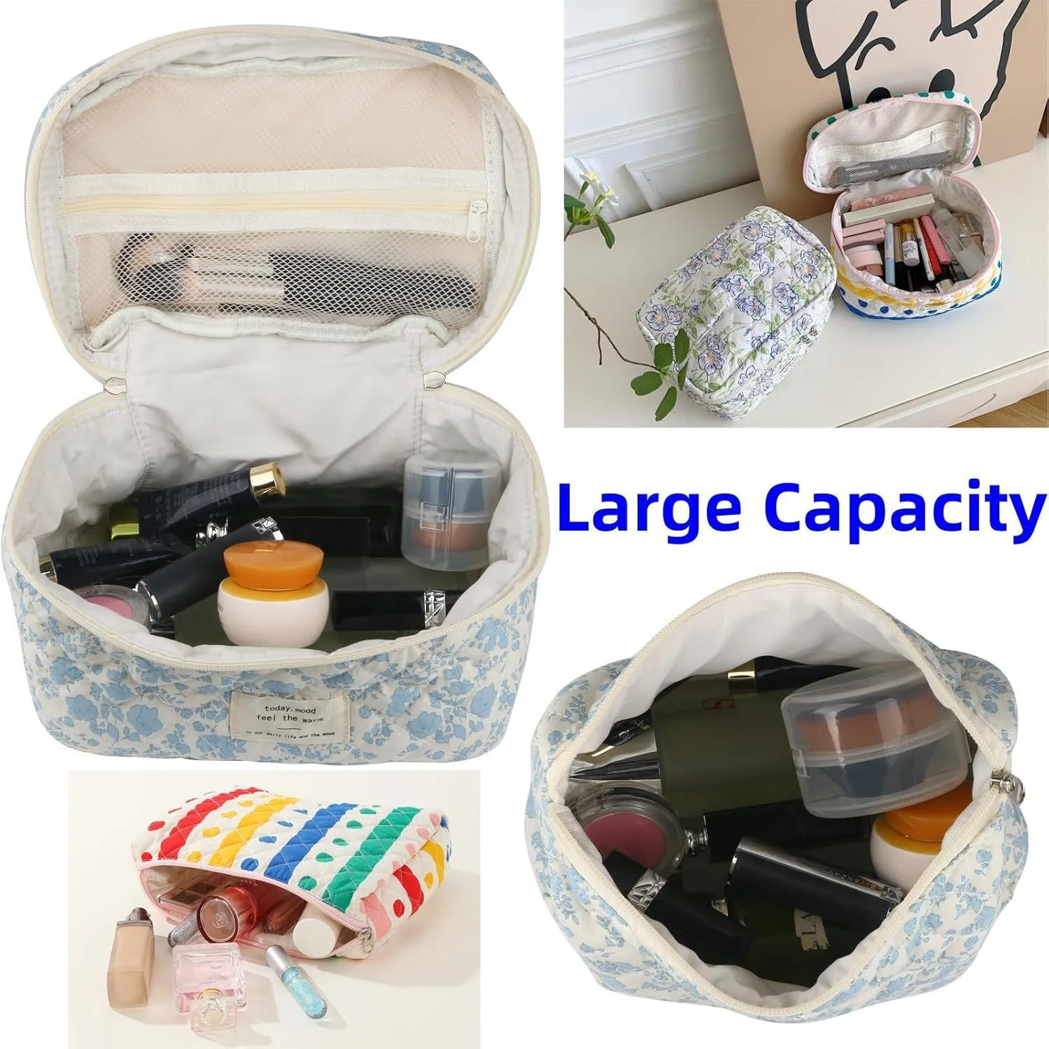 Makeup Bag Travel Essentials Quilted Cosmetic Toiletry Pouch Organizer Insert for Women Dorm Room Essential Gift Large Capacity Opening Lightweight Cute Aesthetic Portable 2PCS (Heart)