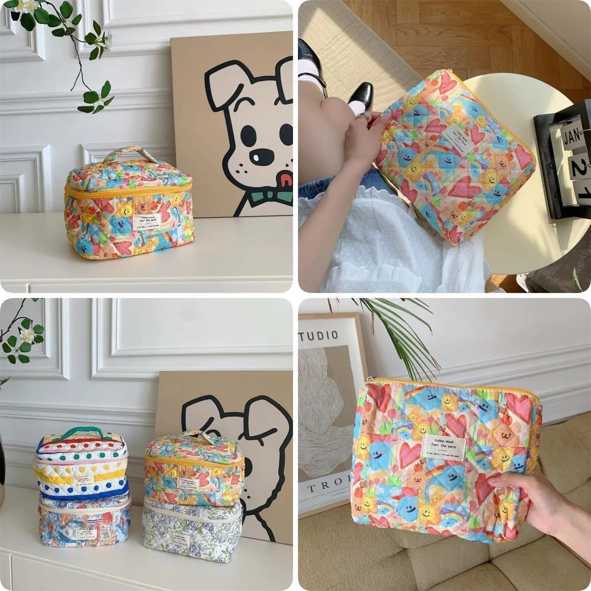 Makeup Bag Travel Essentials Quilted Cosmetic Toiletry Pouch Organizer Insert for Women Dorm Room Essential Gift Large Capacity Opening Lightweight Cute Aesthetic Portable 2PCS (Heart)