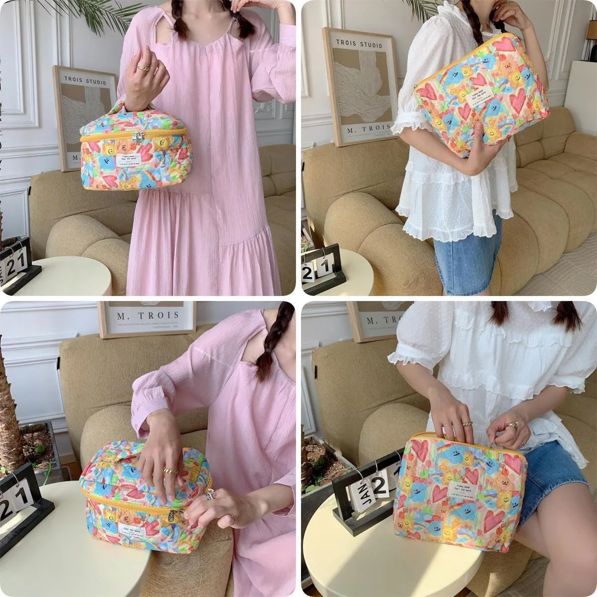 Makeup Bag Travel Essentials Quilted Cosmetic Toiletry Pouch Organizer Insert for Women Dorm Room Essential Gift Large Capacity Opening Lightweight Cute Aesthetic Portable 2PCS (Heart)