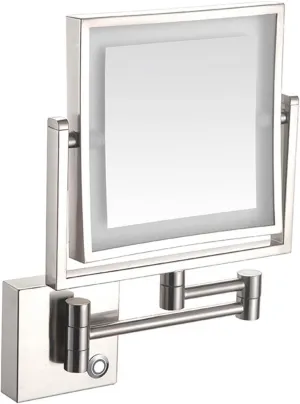 Makeup Mirror LED Wall Mount, 8 Inch Bathroom Shaving Mirror Wall Mounted Square Vanity Mirror, 360° Swivel 3X Magnification Two-Sided (Color : Nickel Wire Drawing, Size : Plug)