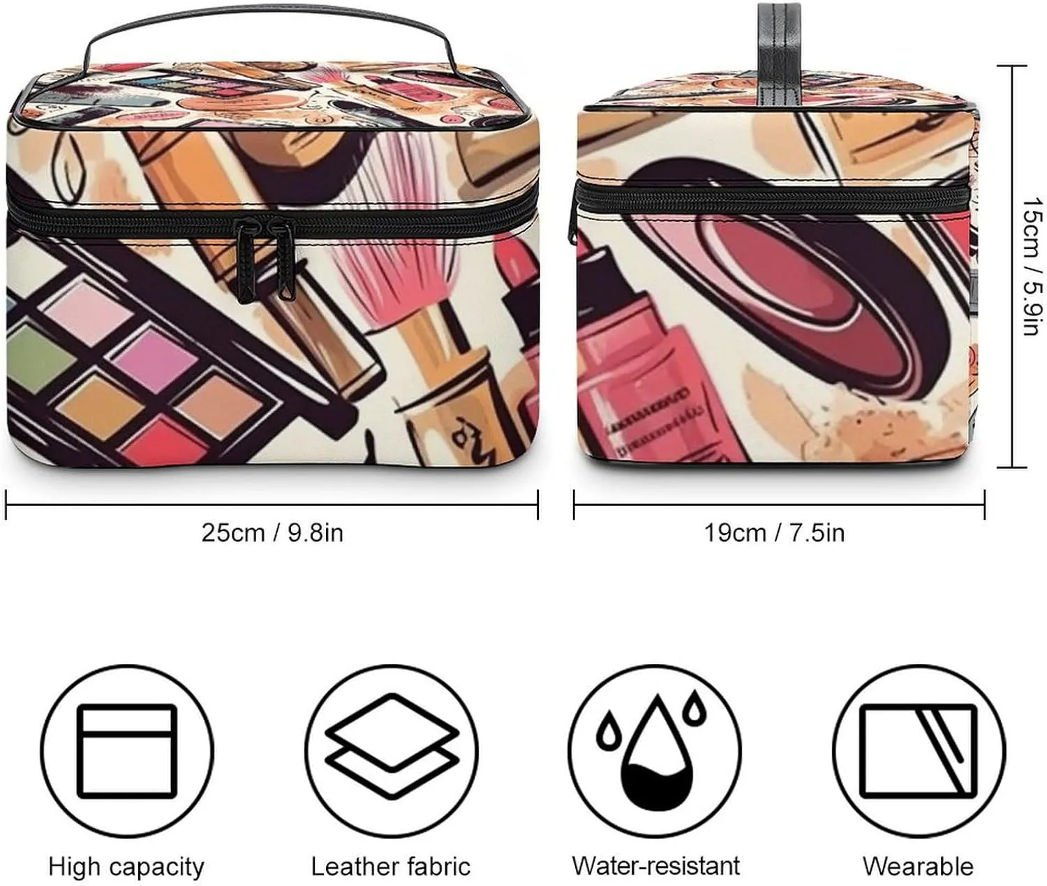 Makeup Theme Pattern Cosmetic Bag, Portable Toiletry Bag, Large Capacity Travel Makeup Bags, Beauty Organizer for Full-Sized Shampoo Conditioner Brushes Set Accessories