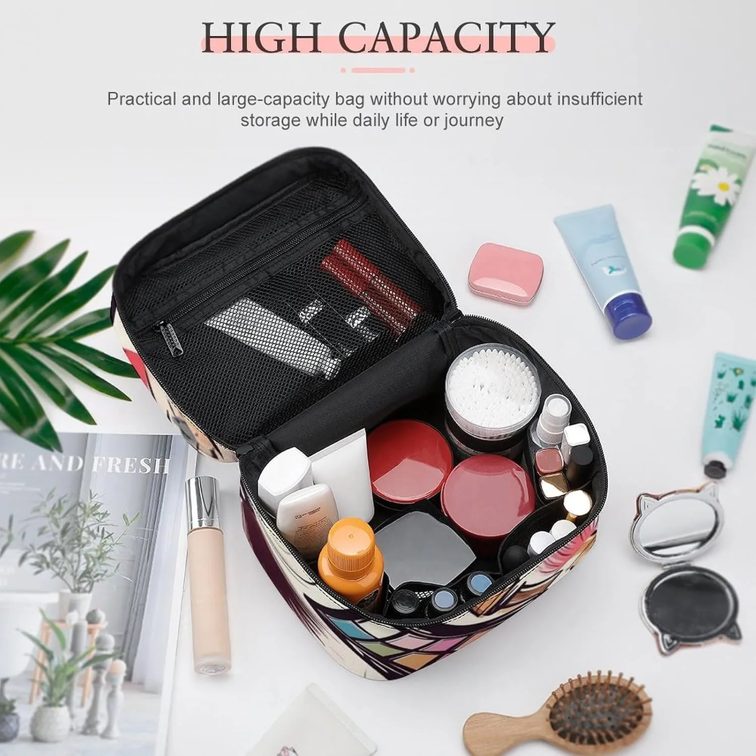 Makeup Theme Pattern Cosmetic Bag, Portable Toiletry Bag, Large Capacity Travel Makeup Bags, Beauty Organizer for Full-Sized Shampoo Conditioner Brushes Set Accessories