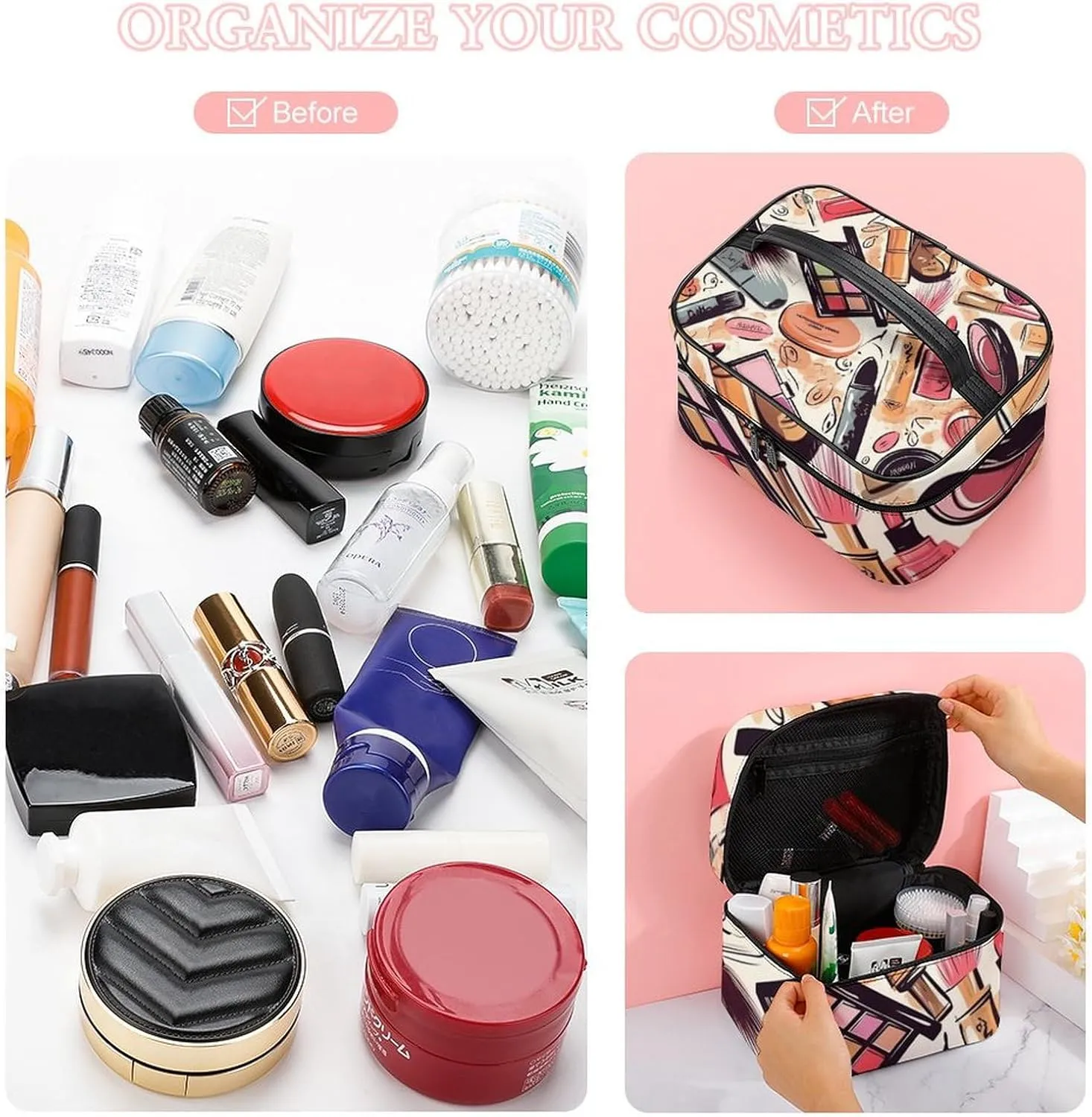 Makeup Theme Pattern Cosmetic Bag, Portable Toiletry Bag, Large Capacity Travel Makeup Bags, Beauty Organizer for Full-Sized Shampoo Conditioner Brushes Set Accessories