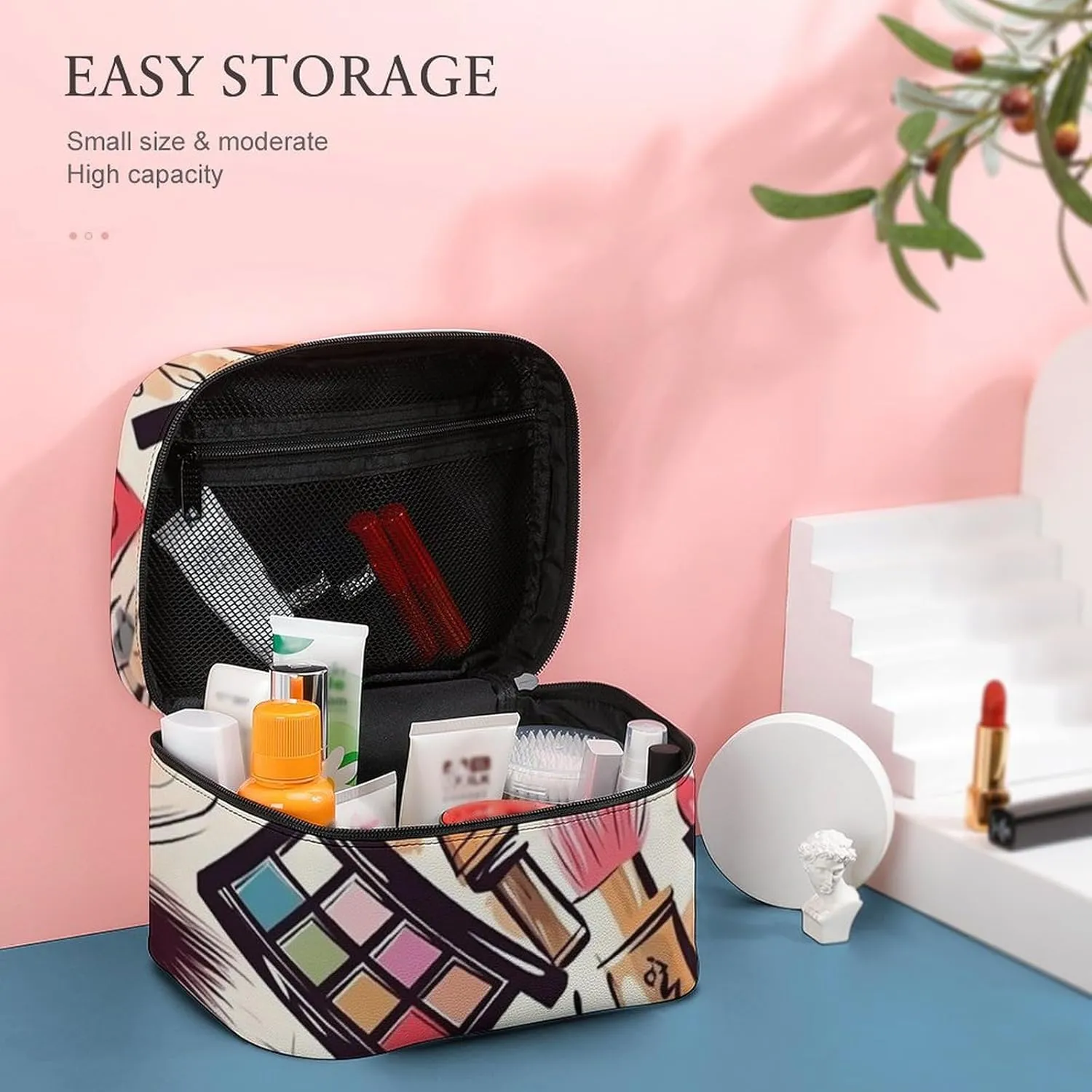 Makeup Theme Pattern Cosmetic Bag, Portable Toiletry Bag, Large Capacity Travel Makeup Bags, Beauty Organizer for Full-Sized Shampoo Conditioner Brushes Set Accessories