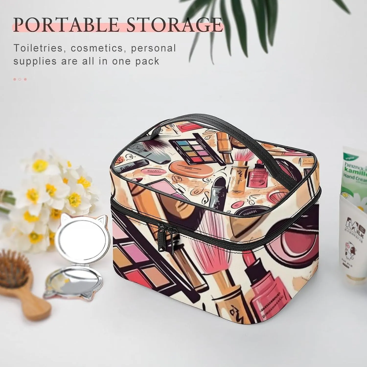 Makeup Theme Pattern Cosmetic Bag, Portable Toiletry Bag, Large Capacity Travel Makeup Bags, Beauty Organizer for Full-Sized Shampoo Conditioner Brushes Set Accessories