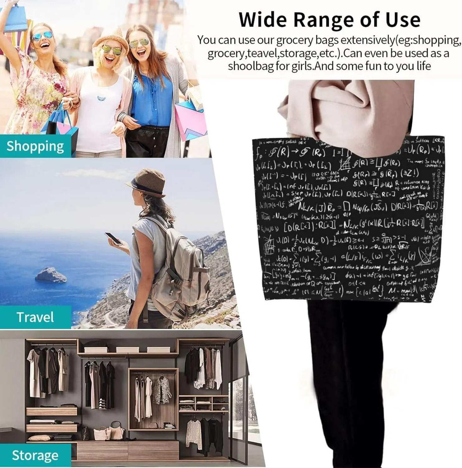 Math Canvas Tote Bag Mathematics Shoulder Bag Handbag Funny Casual Teachers Grocery Bags for Outdoor