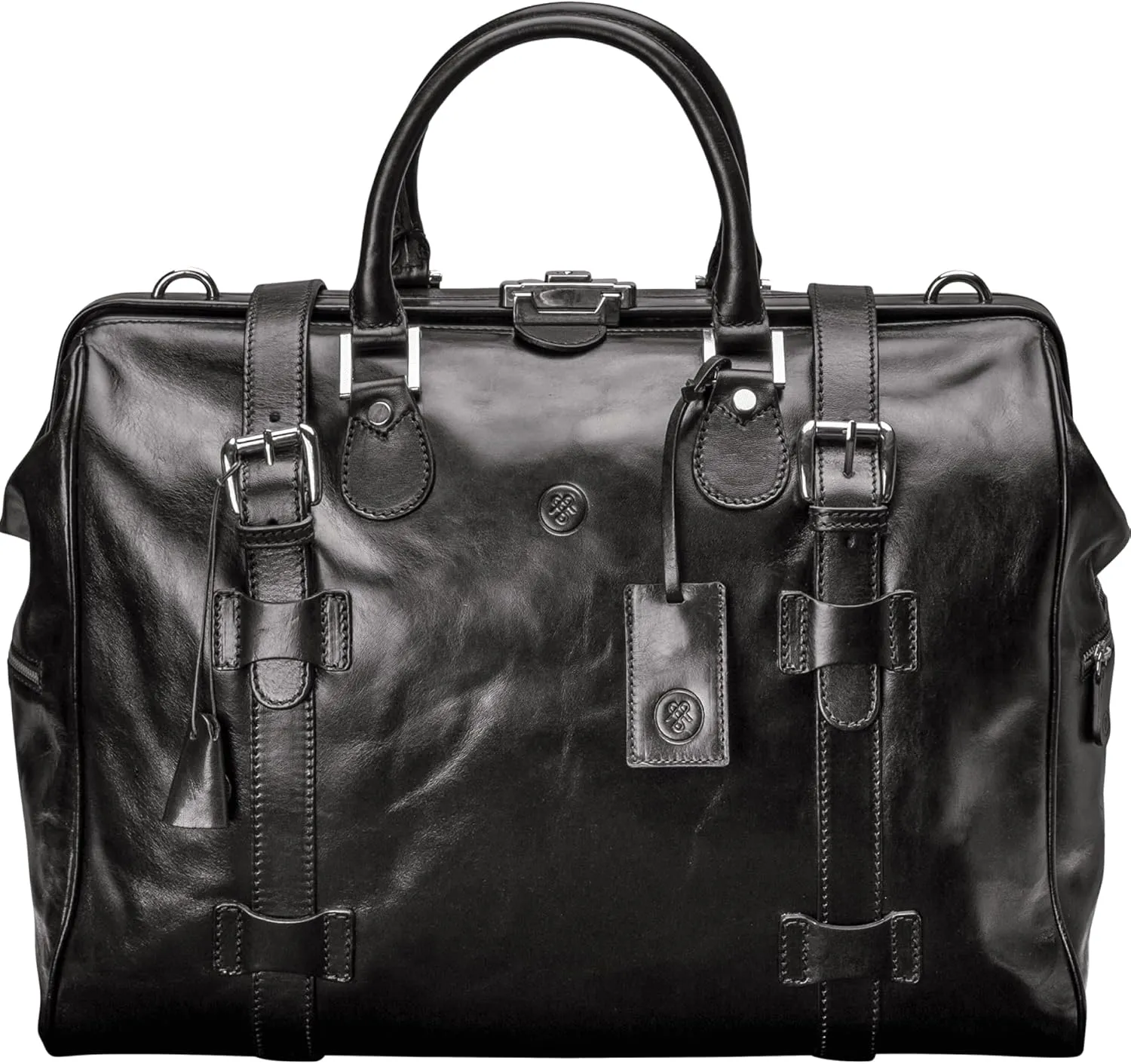 Maxwell Scott - Personalized Luxury Classic Leather Gladstone Travel Bag with Key Lock and Buckle Strap - The Gassano M Black