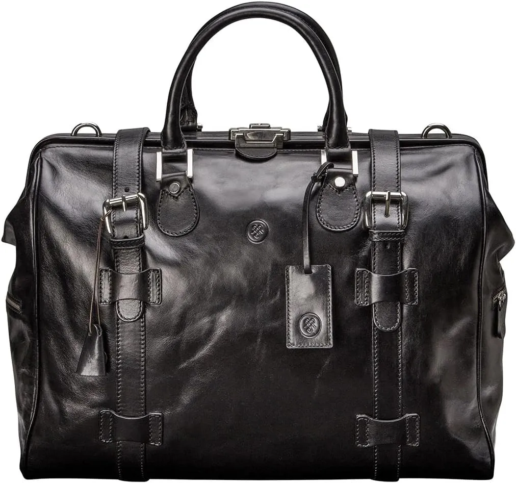 Maxwell Scott - Personalized Luxury Classic Leather Gladstone Travel Bag with Key Lock and Buckle Strap - The Gassano M Black