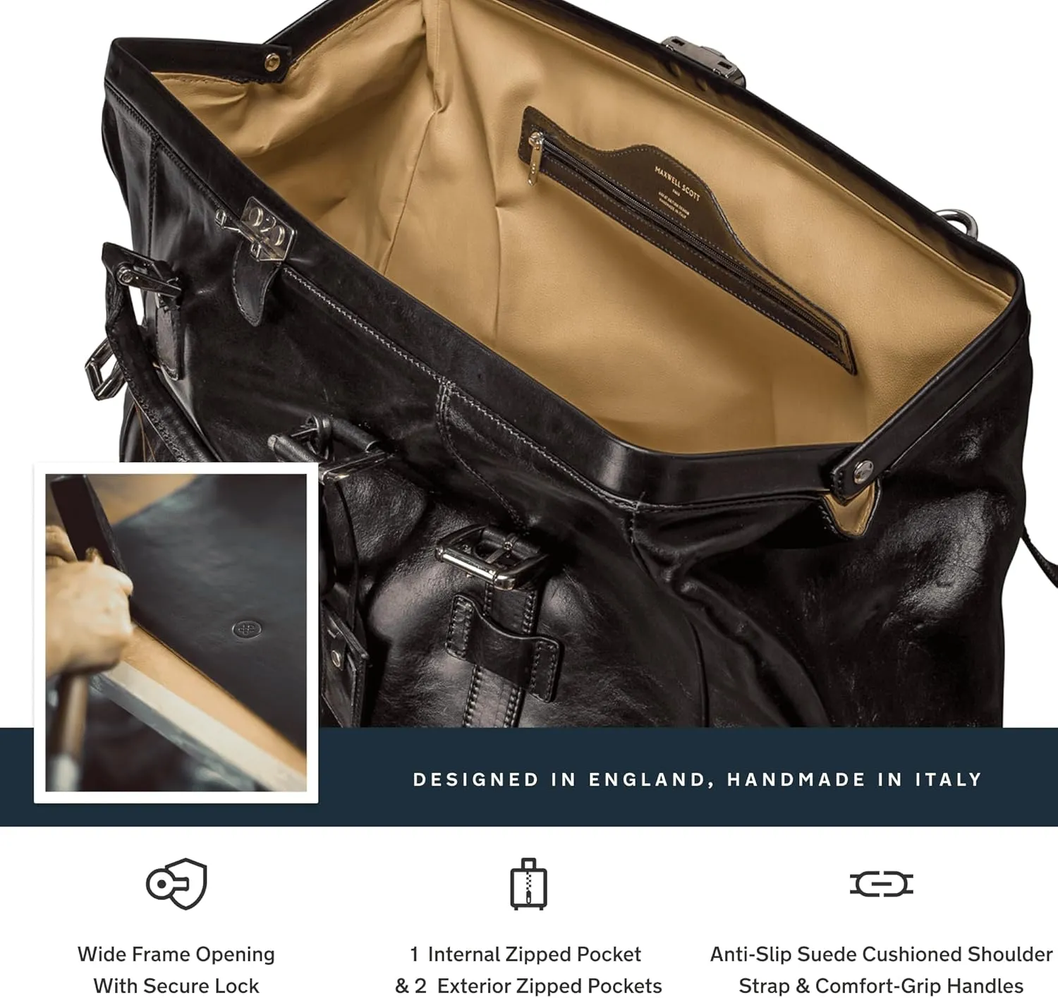 Maxwell Scott - Personalized Luxury Classic Leather Gladstone Travel Bag with Key Lock and Buckle Strap - The Gassano M Black