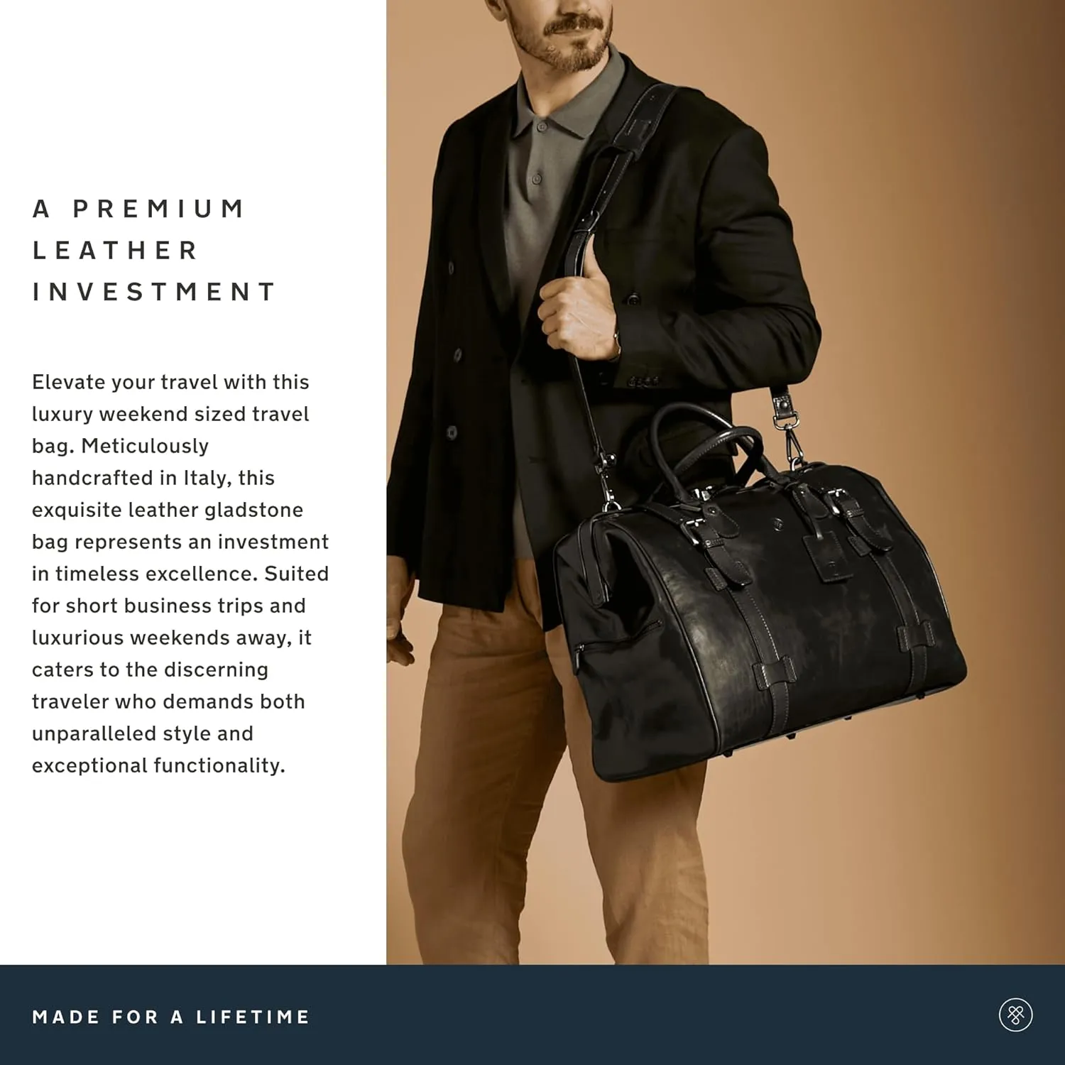 Maxwell Scott - Personalized Luxury Classic Leather Gladstone Travel Bag with Key Lock and Buckle Strap - The Gassano M Black