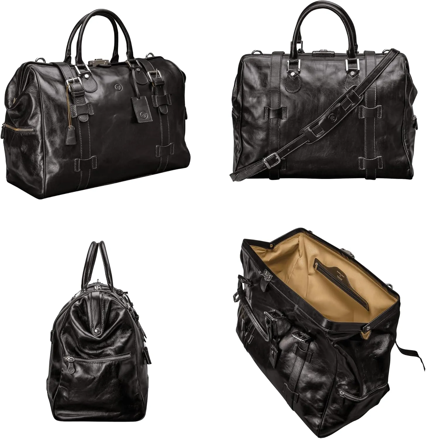 Maxwell Scott - Personalized Luxury Classic Leather Gladstone Travel Bag with Key Lock and Buckle Strap - The Gassano M Black