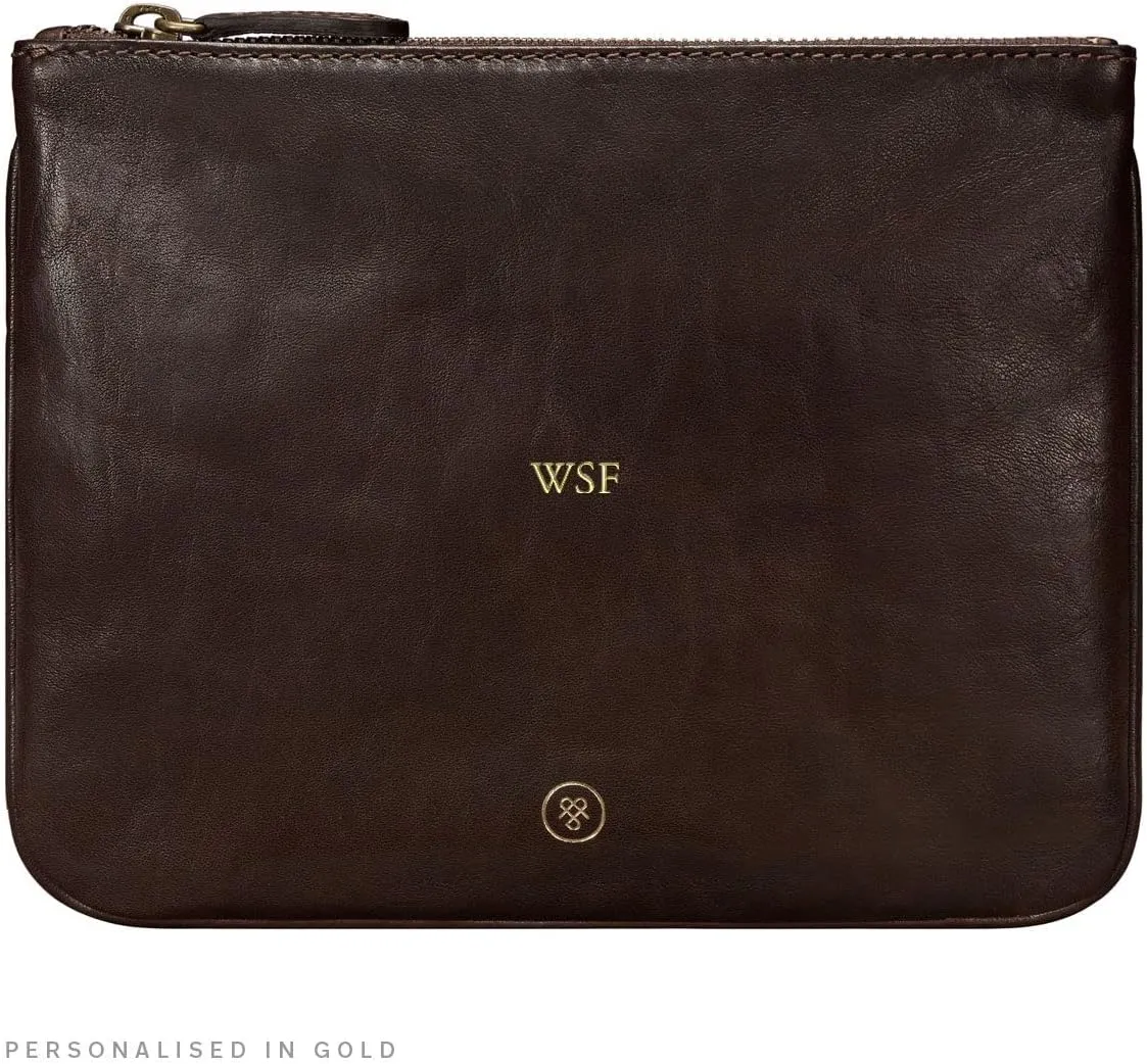 Maxwell Scott - Womens Luxury Designer Leather Flat Makeup Bag Purse - Handmade in Italy - The Zeta Dark Brown