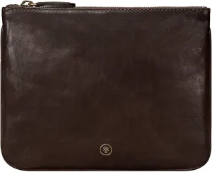 Maxwell Scott - Womens Luxury Designer Leather Flat Makeup Bag Purse - Handmade in Italy - The Zeta Dark Brown
