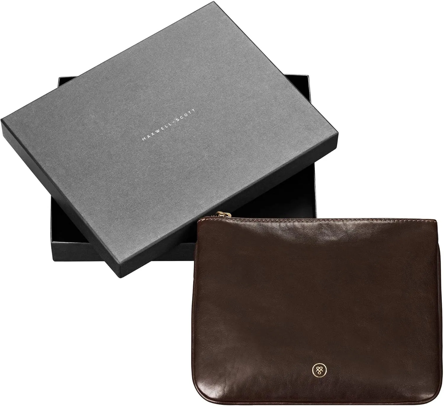 Maxwell Scott - Womens Luxury Designer Leather Flat Makeup Bag Purse - Handmade in Italy - The Zeta Dark Brown