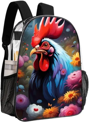 Men Women Lightweight Chicken Rooster Garden Flowers Painting Backpack Large Capacity Carry On Bag Transparent Bag for Sports Work Walking Cycling