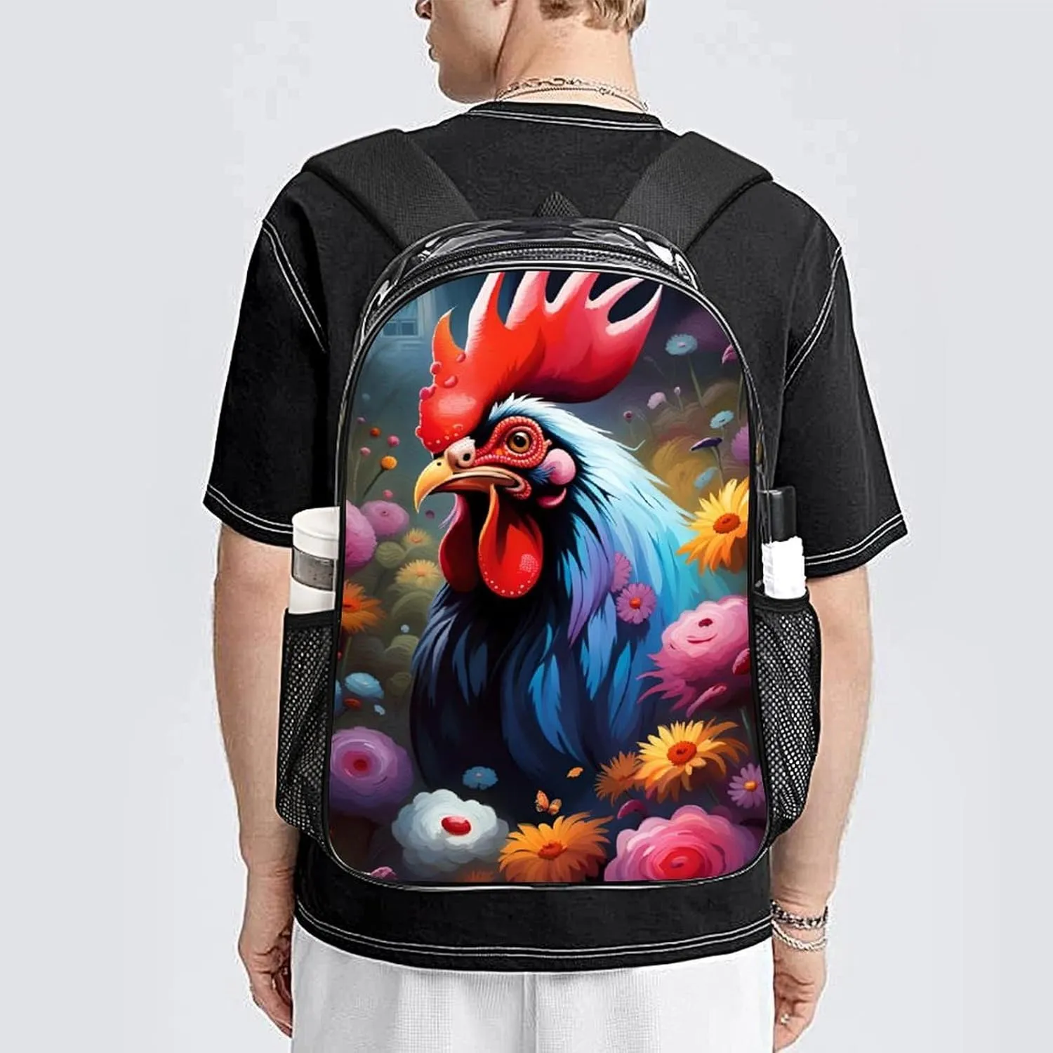 Men Women Lightweight Chicken Rooster Garden Flowers Painting Backpack Large Capacity Carry On Bag Transparent Bag for Sports Work Walking Cycling