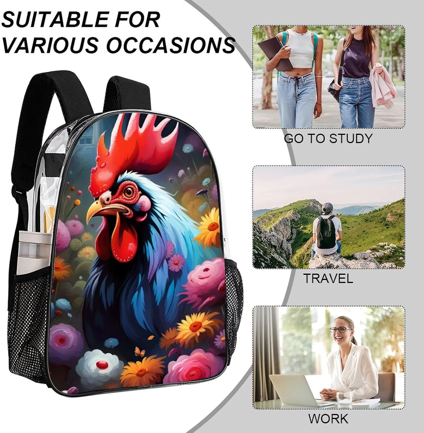Men Women Lightweight Chicken Rooster Garden Flowers Painting Backpack Large Capacity Carry On Bag Transparent Bag for Sports Work Walking Cycling