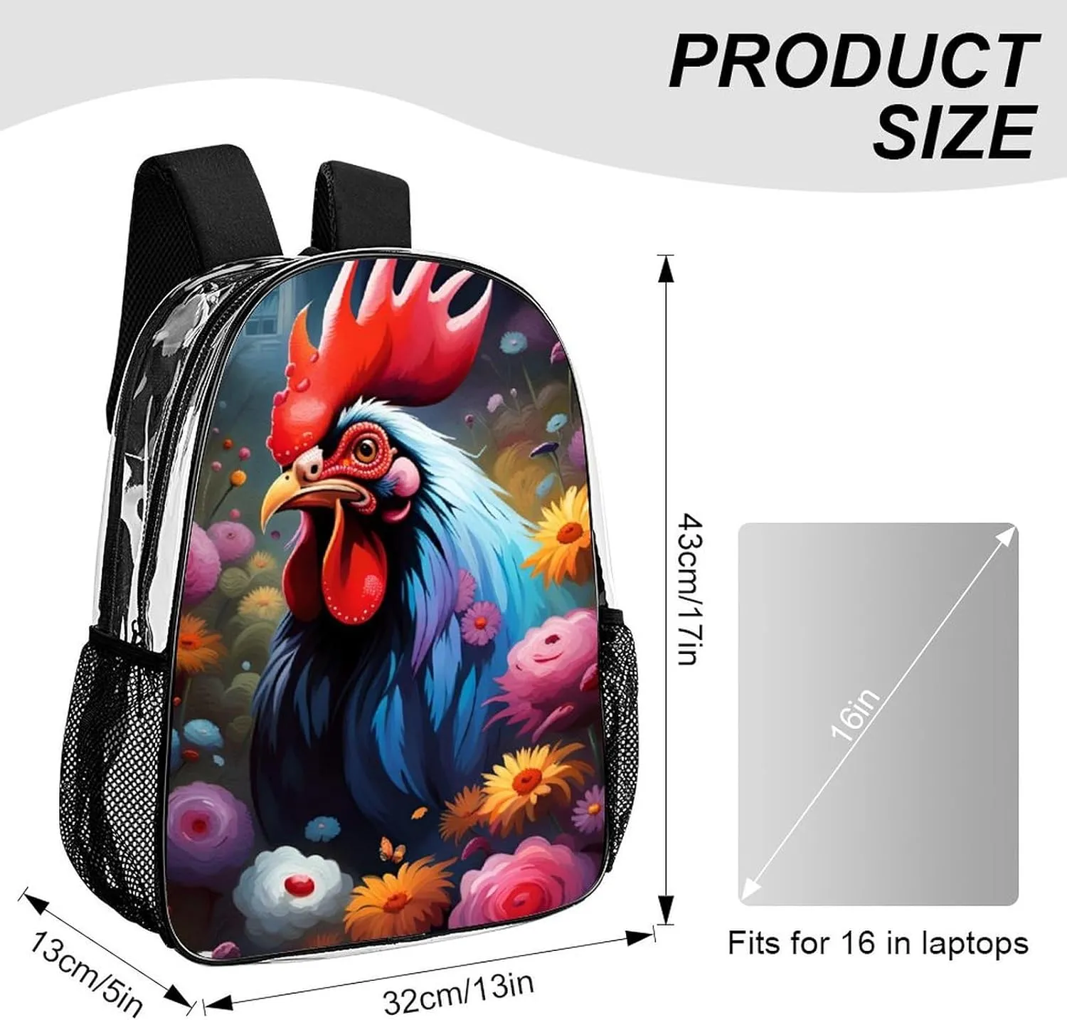 Men Women Lightweight Chicken Rooster Garden Flowers Painting Backpack Large Capacity Carry On Bag Transparent Bag for Sports Work Walking Cycling