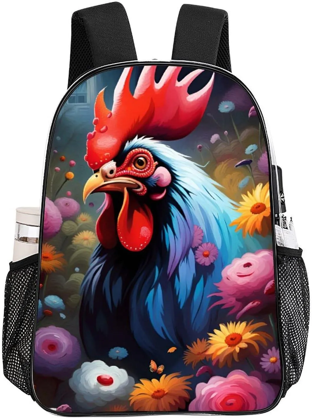 Men Women Lightweight Chicken Rooster Garden Flowers Painting Backpack Large Capacity Carry On Bag Transparent Bag for Sports Work Walking Cycling