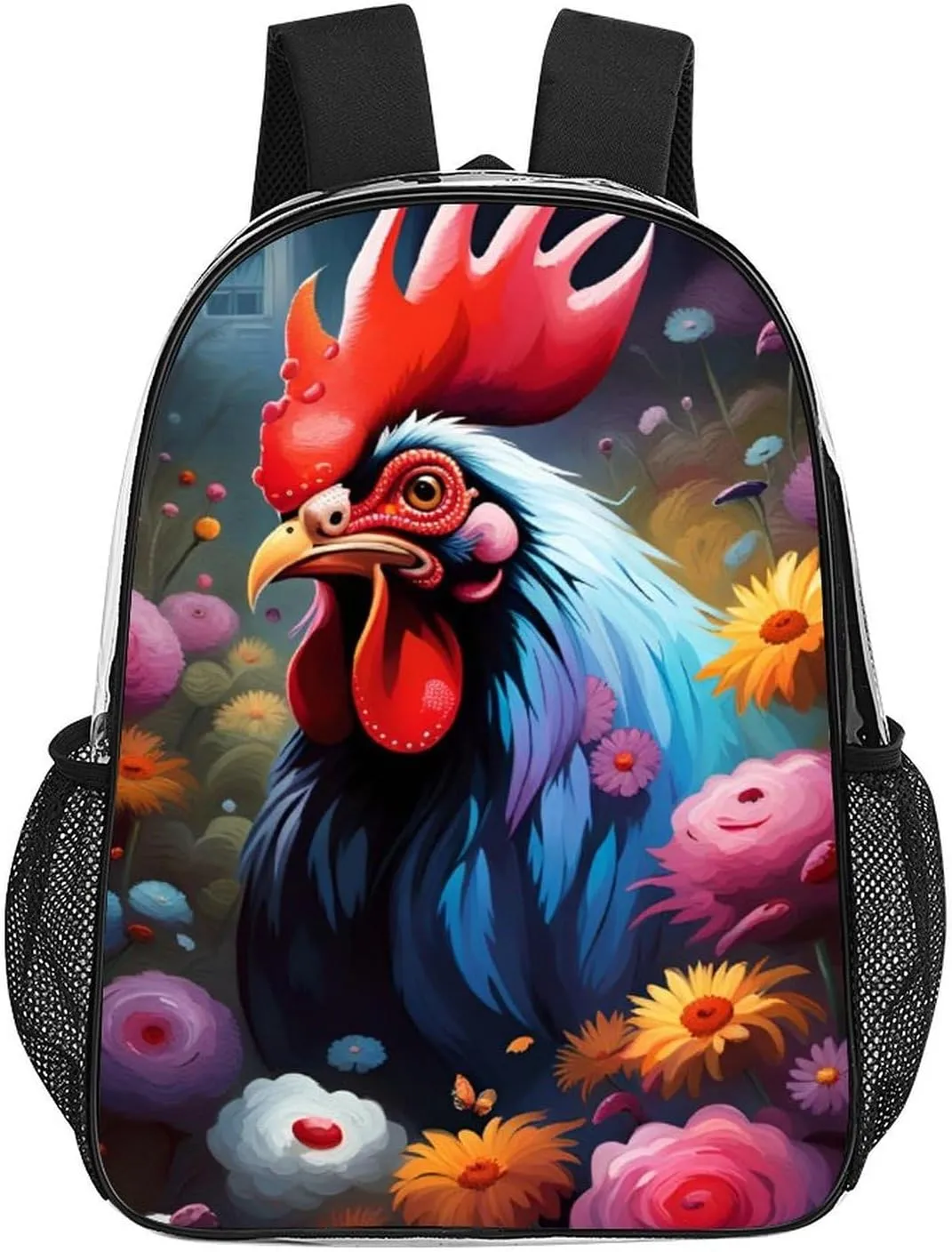 Men Women Lightweight Chicken Rooster Garden Flowers Painting Backpack Large Capacity Carry On Bag Transparent Bag for Sports Work Walking Cycling
