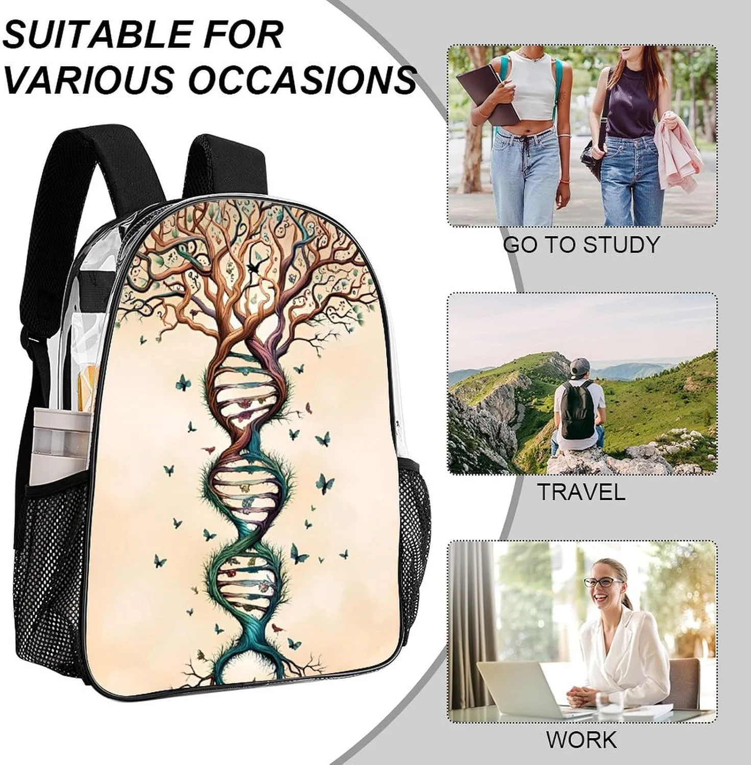 Men Women Lightweight Dna Tree Of Life Art Casual Daypack Big Capacity Bookbag Transparent Bag for Gym Travel Walking Cycling
