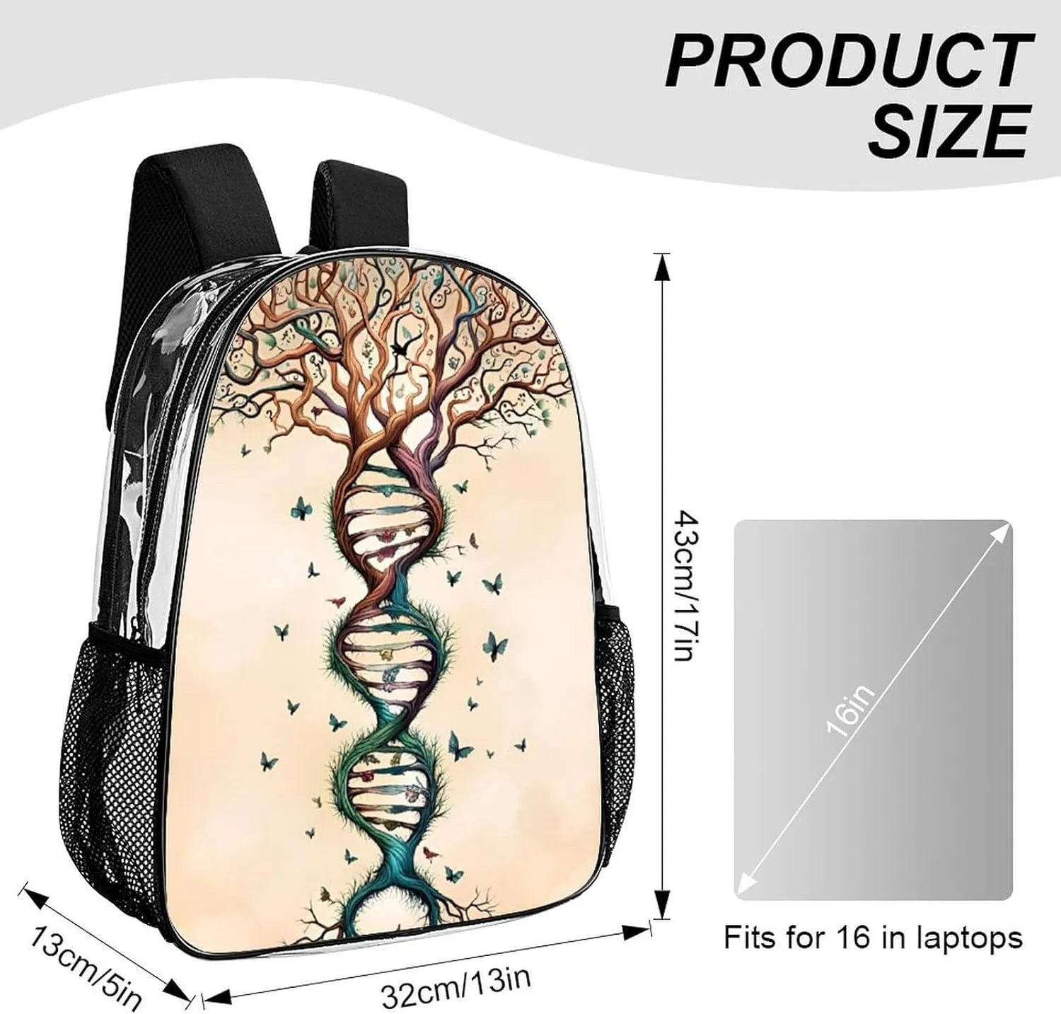 Men Women Lightweight Dna Tree Of Life Art Casual Daypack Big Capacity Bookbag Transparent Bag for Gym Travel Walking Cycling