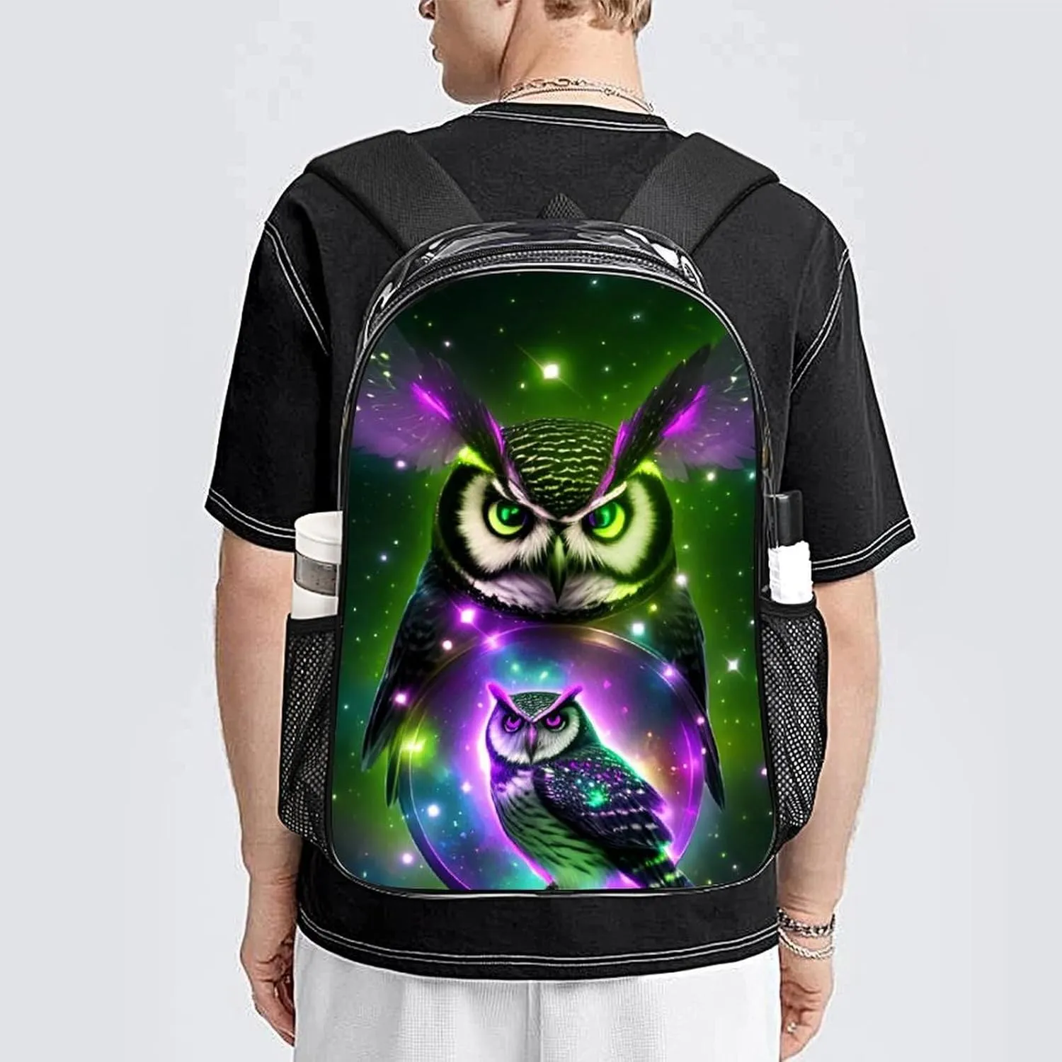 Men Women Lightweight Galaxy Nighthawk Owl Art Daypack Bookbag Big Capacity Carry On Bag Transparent Bag for Camping Travel Bicycle