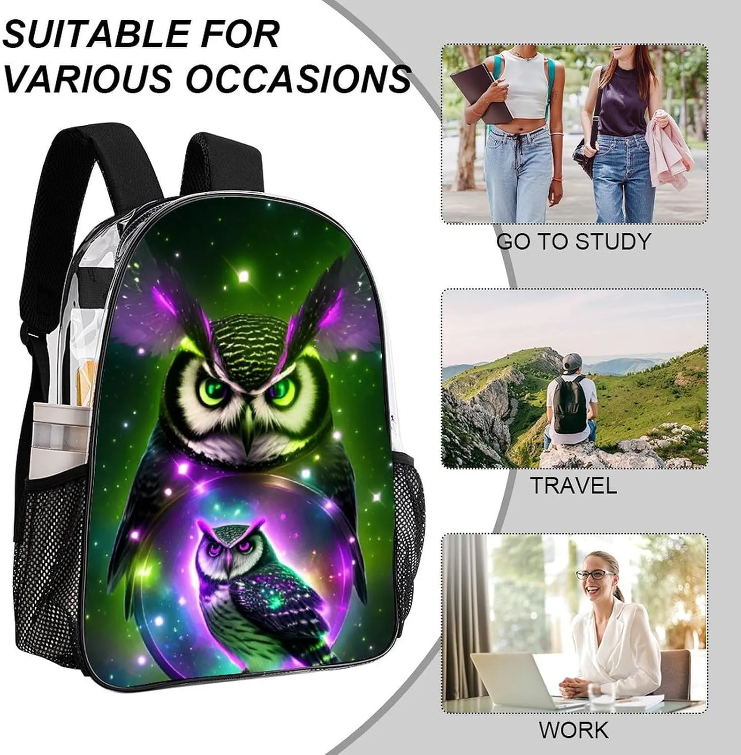 Men Women Lightweight Galaxy Nighthawk Owl Art Daypack Bookbag Big Capacity Carry On Bag Transparent Bag for Camping Travel Bicycle