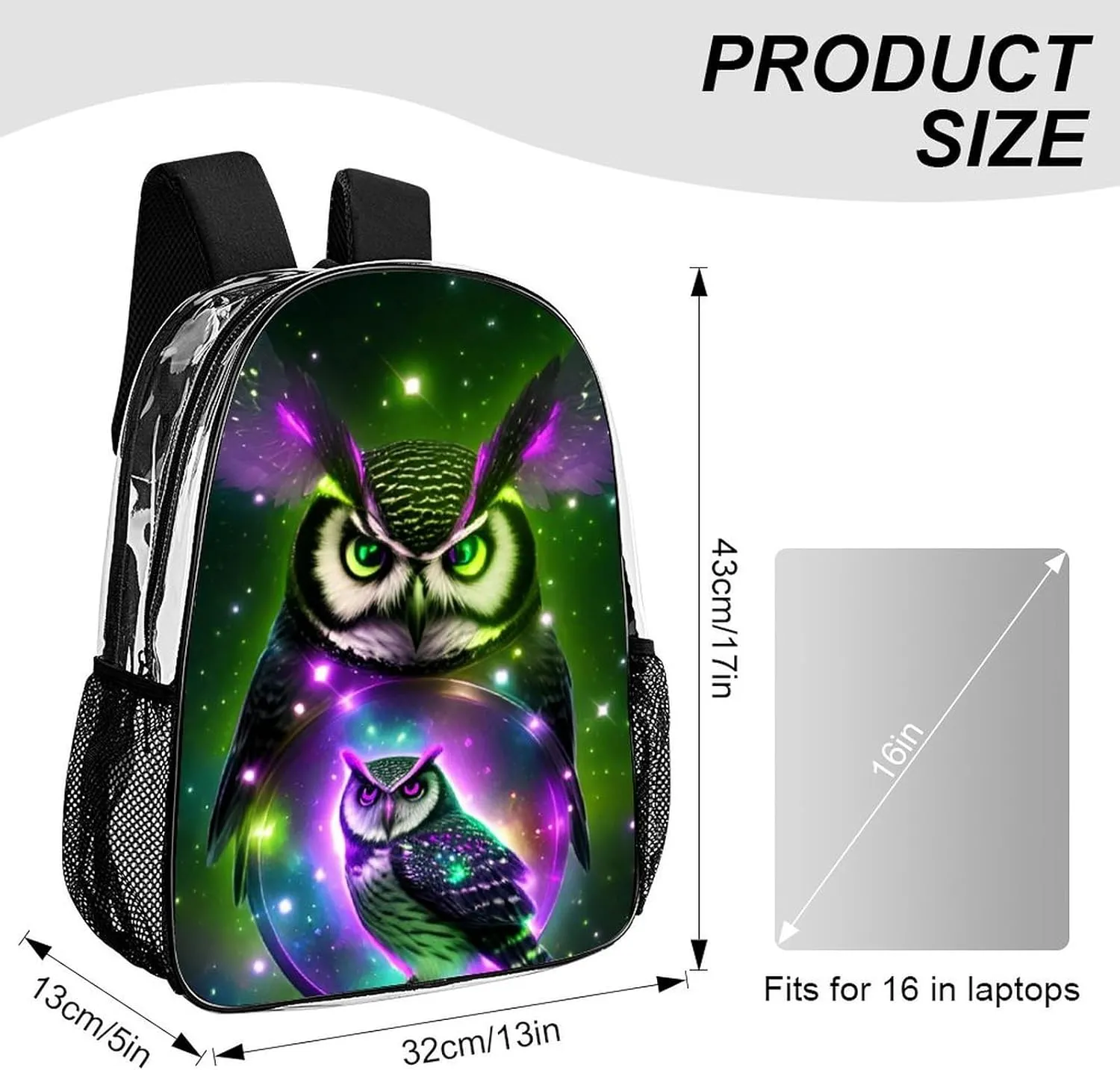 Men Women Lightweight Galaxy Nighthawk Owl Art Daypack Bookbag Big Capacity Carry On Bag Transparent Bag for Camping Travel Bicycle