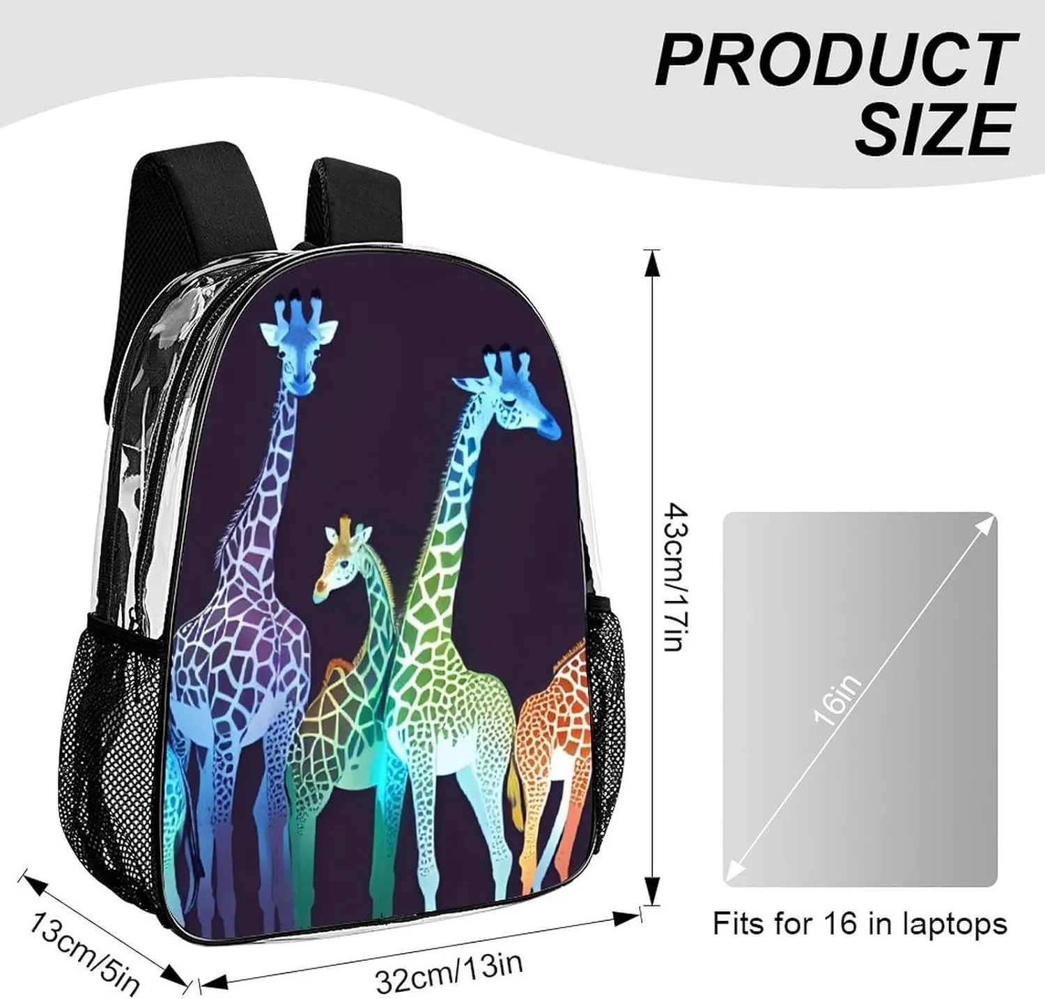 Men Women Transparent Colorful Giraffe Art Daypack Big Capacity Shoulder Bag With Smooth Zippers for Hiking Work Walking Cycling