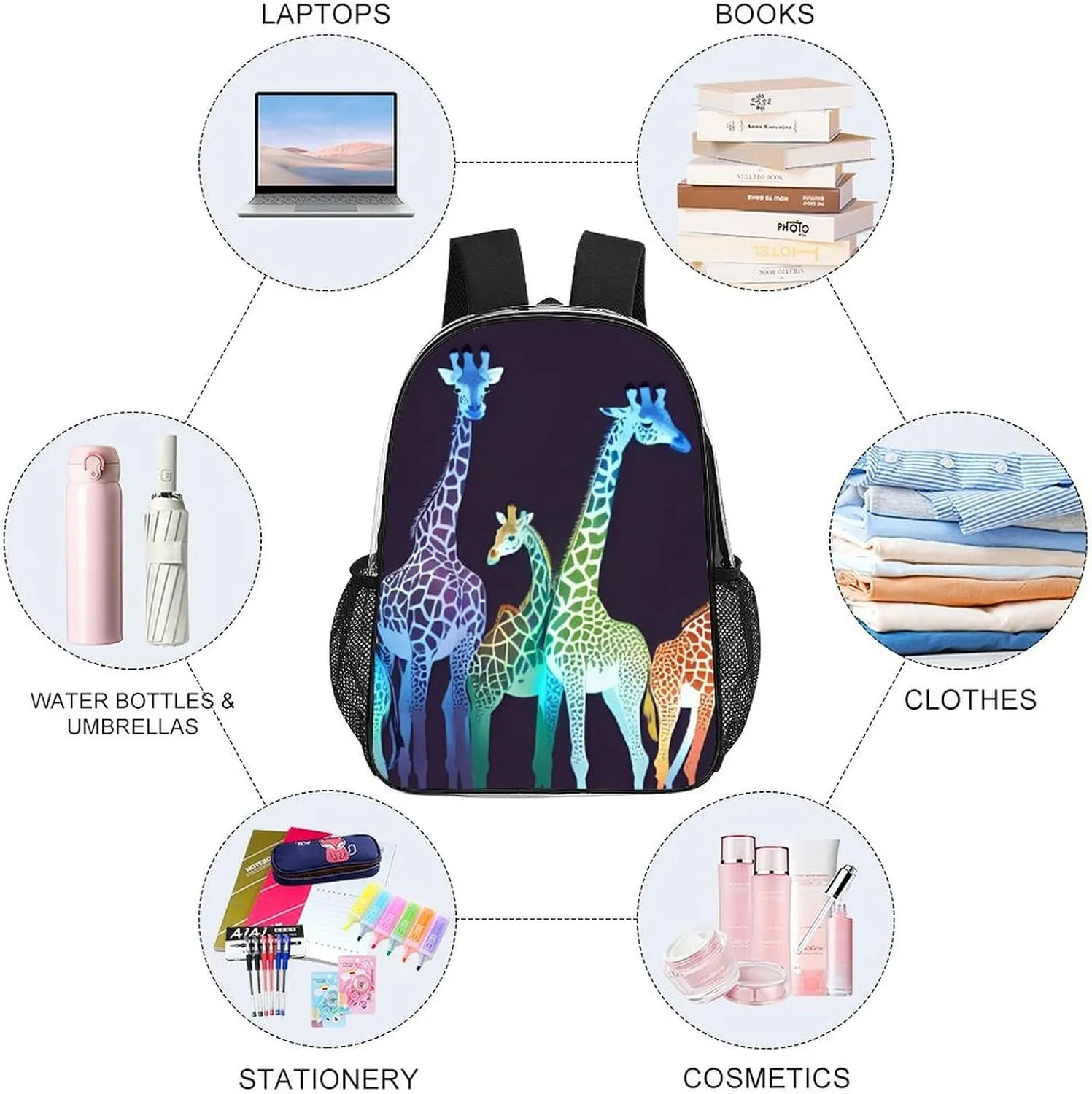 Men Women Transparent Colorful Giraffe Art Daypack Big Capacity Shoulder Bag With Smooth Zippers for Hiking Work Walking Cycling