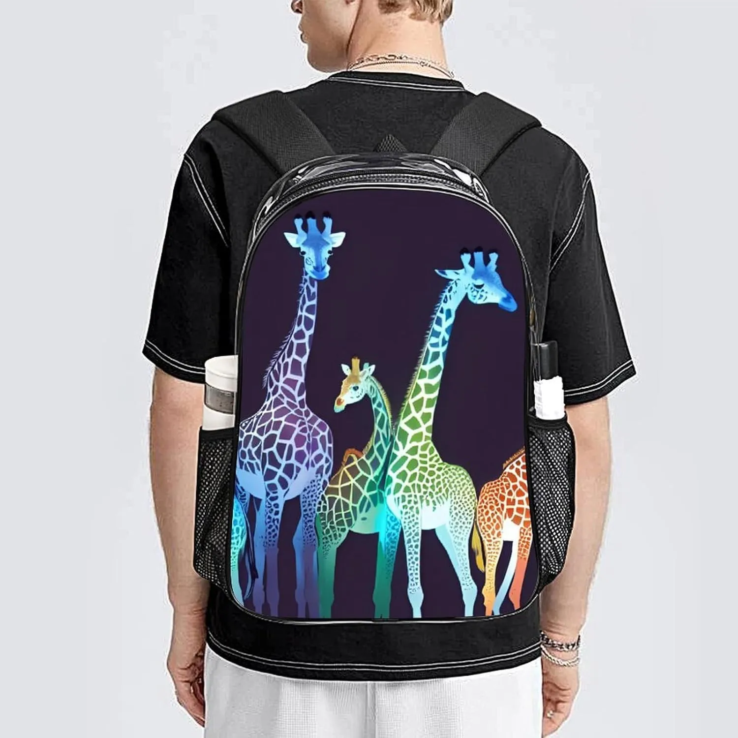 Men Women Transparent Colorful Giraffe Art Daypack Big Capacity Shoulder Bag With Smooth Zippers for Hiking Work Walking Cycling